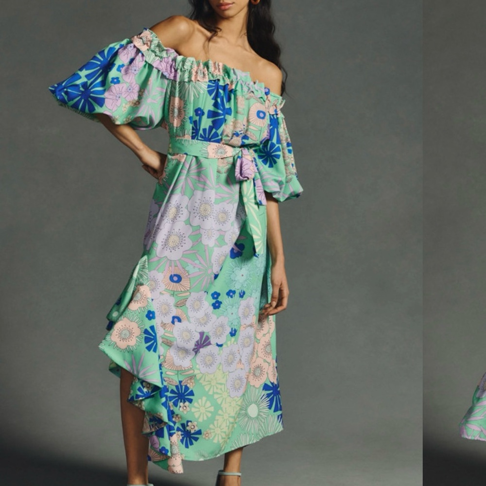 Anthropologie Mint Green, Lavender & Blue Floral One-Shoulder Ruffle Dress